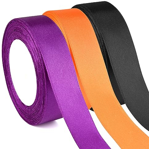 ASTARON 3 pcs Halloween Geschenkband 25mm, Satinband Schwarz Lila Orange, Schleifenband, Stoffband, Satin Dekoband für Geschenkverpackung, Blumensträuße, DIY-Handwerk, Halloween Deko