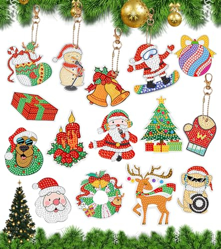 SUVEK Diamond Painting Schlüsselanhänger 15 Set, Weihnachten Basteln 5D Diamant Malerei Schlüsselbund Kinder Mädchen, DIY Schlüsselanhänger Schlüsselanhänger, Geschenk Anhänger