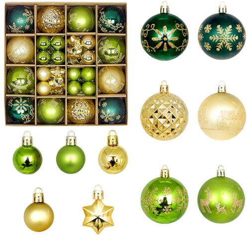 44 Stück Weihnachtskugeln mit Aufhänger, 6CM Christbaumkugeln Kunststoff Rot & grün & Gold & Weiß, Christbaumschmuck Anhänger Weihnachtsbaumkugeln Weihnachtsdeko (02)