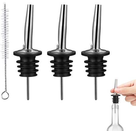 3 Pcs Bottle Pourers for Spirits, Liquor Pourer, Speed Pourers Wine Bottle Spirits Pourers Tapered Spout with Rubber Dust Caps, for Olive Oil Coffee Syrup Vinegar Bottles, with Cleaning Brush