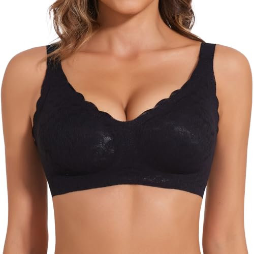 Joyshaper BH Damen Ohne Bügel Push Up Mit Spitze Gepolstert BH V Ausschnitt Bra Bequemer Bralette Schwarz,3XL