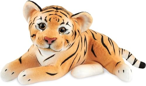 BRUBAKER Tiger Kuscheltier - 30 cm Stofftier - Baby Plüschtier Raubkatze Liegend - Kinder Plüsch Spielzeug - Braun