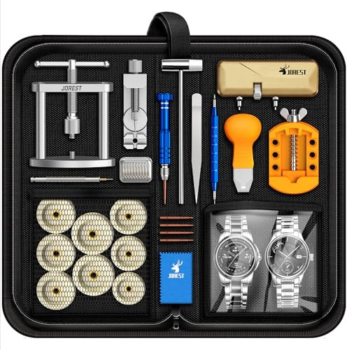 JOREST Kit Riparazione Orologiaio + Pressa Orolog, Sostituzione/Cambio Batteria, Togli Maglie Orologi, Chiave Fondello Aprire/Apri Cassa, Accorciare/Rimuovi/Regola Perni Cinturino Orologio, Cacciavite
