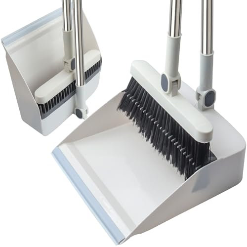 BEILUBANG Long Dustpan and Brush Set, Windproof Vertical Extension Pole Handle Swivel Broom Set Dustpan Set for Cleaning Indoors and Outdoors (White)