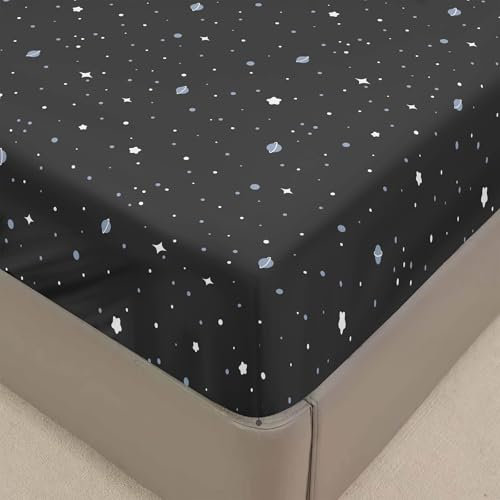 Surwin Spannbettlaken 140x200cm Spannbetttücher mit Sternenhimmel Druck, Elastisch Bettlaken Weiche Spannbetttuch Mikrofaser Spannleintuch, 30cm Steghöhe