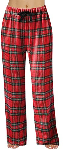 Rangement-Pantalon, Pyjama Pantalon Femmes Flanelle - avec Poches Pantalon Pyjama Ecossais Carreaux Coton Couple Taille Élastique Pyjama Polaire Femme Plaid Beige Femme Plaid Straight Droit Droit
