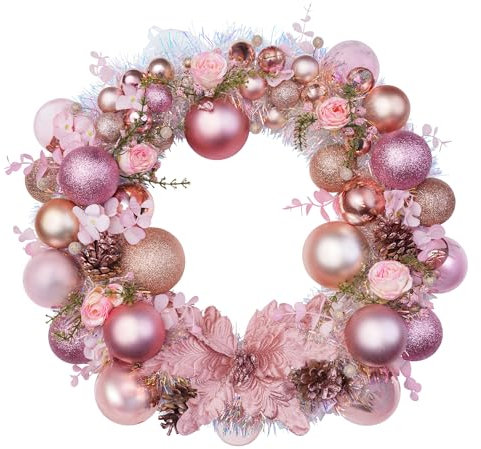 Eleganter Rosafarbener Weihnachtskranz mit Rosen und Kugeln – Türdekoration