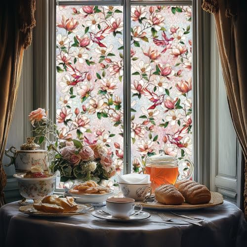 ANATTASOUL Fensterbilder Doppelseitig Magnolien-Vogel Fensterdeko Wiederverwendbar Fenstersticker Blickdichter Fenster Aufkleber Deko Frühling Sommer für Glas Kinderzimmer Badezimmer