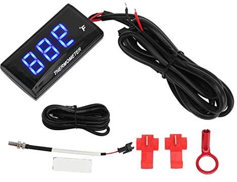 LCD Motorcycle Thermometer Ultra Thin Digital Water Temp Meter with 10MM Sparking Plug Adapter DC12V Universal for Motorcycles (Blue)