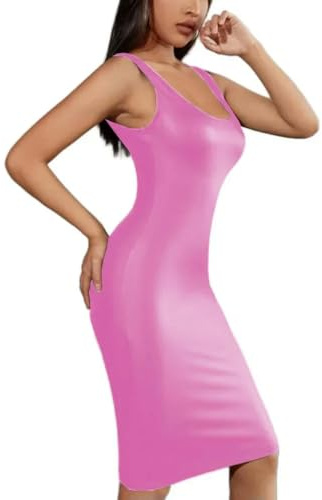 XINLIANYI Robe moulante sans manches en cuir PVC pour femme, rose, 3XL