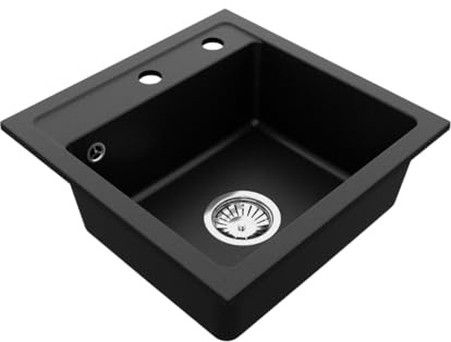 VBChome Granitspüle 44 x 44 cm Schwarz Einzelbecken Einbauspüle Gesprenkelt Pflegeleichtes Spülbecken mit Siphon Ideal für kleine Küchen
