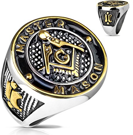 BlackAmazement 316L Edelstahl Ring Freimaurer Master Masonic Siegel Bund Zirkel schwarz Gold Herren (60 (19.1))