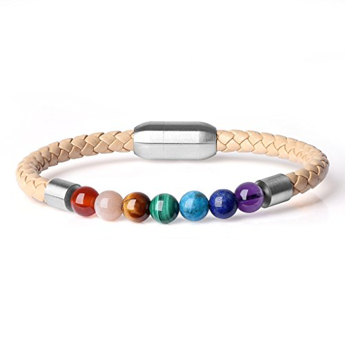 COAI Damen Cremefarbe Lederarmband mit 7 Chakren aus Heilsteine Enegie Armband
