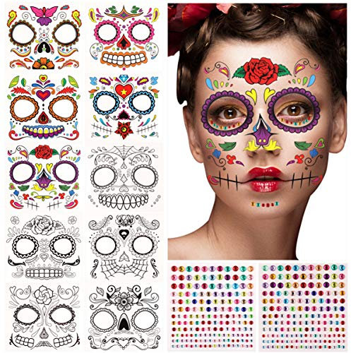 FRCOLOR 10 Stk Halloween Temporäre Gesicht Tattoos Zucker Schädel Make Up Tattoos Skelett Rote Rose Tattoo mit 2 Stk Strass Aufkleber für Frauen Männer Kinder Halloween Party Karneval Maskerade