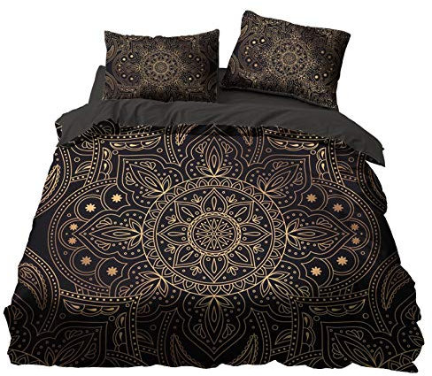 Ensemble de Literie Housse de Couette Marron Or Noir pour Homme, Zèbre Rayé Mandala Ethnique Bohème Fleur Paon Plume Ondulée Housse de Couette et Taie d'oreiller (Color 5, 220 x 240 cm)