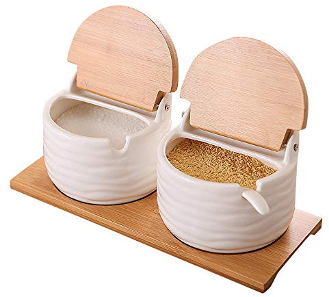 Pot à épices de cuisine, bol en céramique avec couvercles en bambou et cuillères à sucre en porcelaine, récipient à condiments, pots à épices, boîte d'assaisonnement pour la maison (costume B)