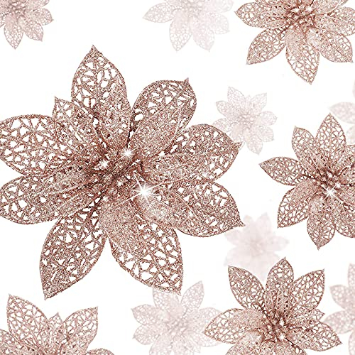 24 Pieces Glitter Poinsettia Christmas Tree Ornament Christmas Flowers Decor Ornament, 3/4/6 Inches (Rose Gold)