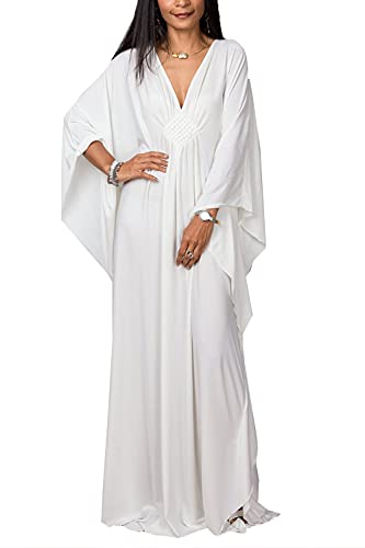 YouKD Wemen's Solid Color Long Kaftan Maxi Dress Pluse Size Homewear Bikini Beach Cover Up Robes A White