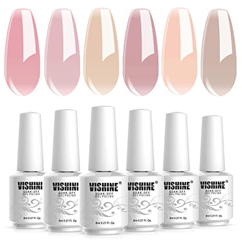 Vishine Vernis Gel Semi Permanent Transparent Rose Nude, Vernis à ongles Semi Permanent Naturelle Rose Nu French Manucure Jelly Gelée de Cristal Soak Off UV LED Gel Ongle 6pcs