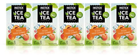 INSTICK Zuckerfreies Instant-Getränk (Bundle Pfirsich Eistee) Eistee Pfirsich mit Schwarztee-Extrakt 5x12 Sticks - 1 Stick für 0,5-1 L - Veganes Getränkepulver Kalorienarm & Vitamin C - Instant-Pulver