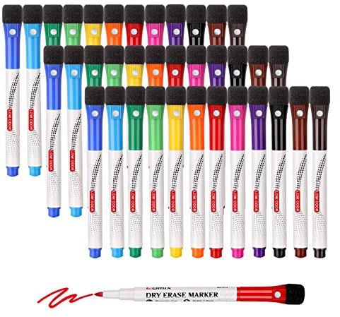 Comix Magnetic Whiteboard Marker with Fine Tip, Whiteboard Pens Wipe Clean with Sponge, Low Odour Dry Erase Marker, 36 Bulk Packs, 12 Colours, for Children and Teachers