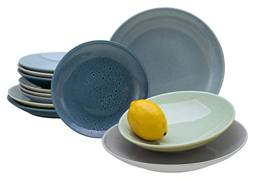 CreaTable, 23845, Serie Reactive Aqua, 12-teiliges Geschirrset, Teller Set aus Steinzeug, spülmaschinen- und mikrowellengeeignet, Qualitätsproduktion