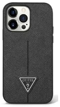 GUESS GUHCP14XPSATLK Case for iPhone 14 Pro Max 6.7 Inch Black Hard Case SaffianoTriangle Logo