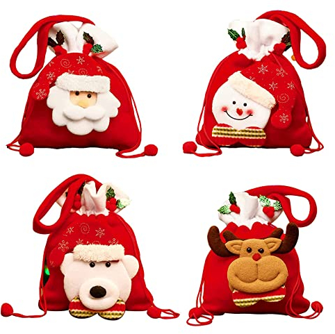 Weihnachten Geschenkbeutel, Kordelzug Geschenktüte Weihnachten, Candy Tüten mit Weihnachtsmann Schneemann Elch Bär Muster für Kinder (22x18cm,4 Stück)