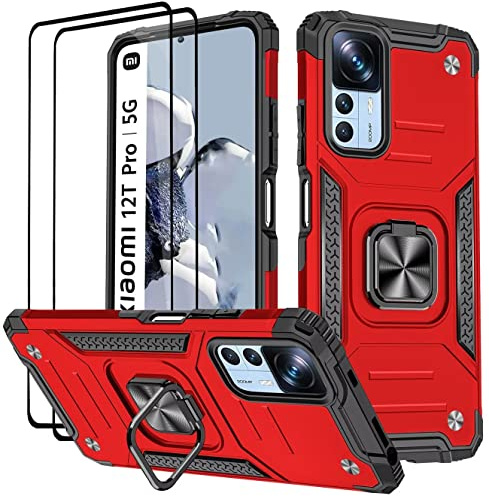 KANSi Hülle für Xiaomi 12T Pro/Xiaomi 12T, Schutzfolie [2 Stück] Silikon TPU Hart PC Handy Hüllen 360 Grad Drehbar Ringhalter Bumper Stoßdämpfung Schutzhülle - Rote