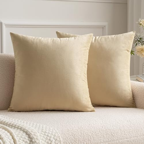 MIULEE Velvet Cushion Covers 60 x 60 Beige Soft Sofa Cushions 2 Pieces | Throw Pillow Case Cushion Covers Pillowcases for Livingroom Sofa Bedroom with Invisible Zipper
