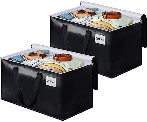 BlissTotes Umzugstaschen, robuste Umzugskartons mit Reißverschluss oben und stabilen Griffen, Aufbewahrungstaschen zum platzsparenden und Verpacken, faltbare Umzugsmaterialien, 2er-Pack, schwarz)