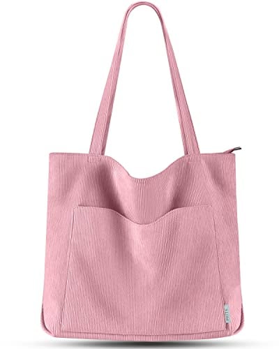 Prite Tote Bag Sac en Velours Côtelé Bandouliere Cabas Femme Homme Sac Fourre Tout avec Fermeture Éclair et Poches (Rose)