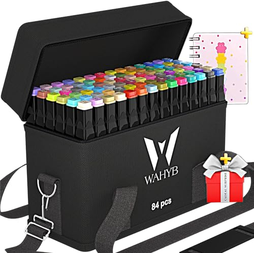 WAHYB 84 Dual Tip Colouring Pens, Alcohol Markers for Adults & Artists, Permanent Felt Tip Pens for Sketching, Drawing, Manga & Adult Colouring Books, Art Set with Carrying bag & Storage Base