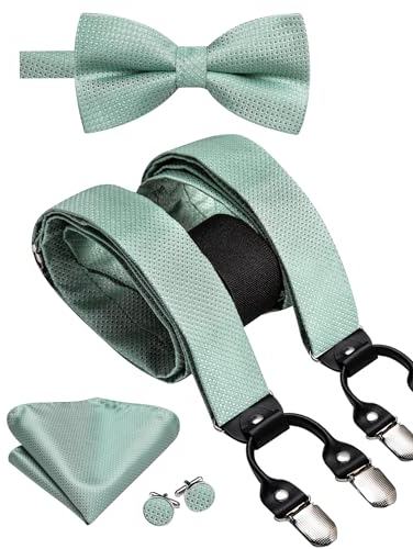 Hi-Tie Herren Hosenträger und vorgebundene Fliege mit Einstecktuch, stark, verstellbar, 6 Clips, Y-Rücken, Herren-Hosenträger, Hellgrün, M