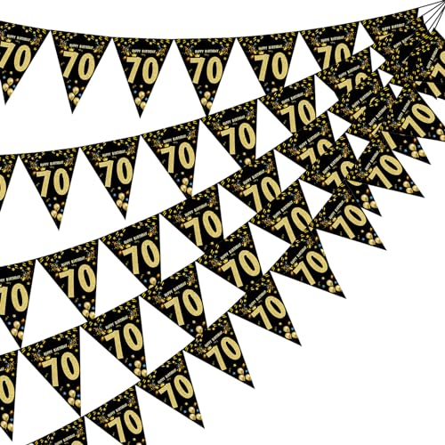 70. Geburtstag Wimpelkette Schwarzes Gold Wimpelkette Deko Stoff Girlande Banner 70. Geburtstagdeko Wimpel Happy Birthday Girlande Aufhängen 70 Geburtstag Party Dekoration für Männer Frauen