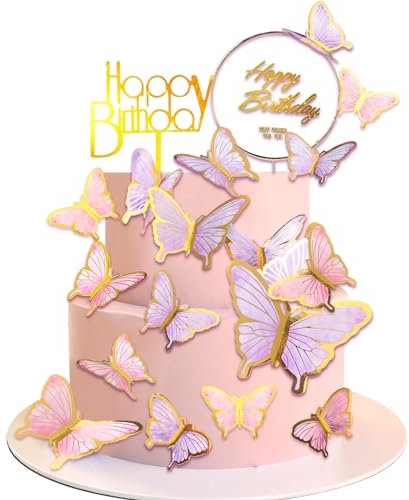 Yatinkim Schmetterling Dekorationen für Kuchen 22 Stück Schmetterlinge Kuchen Topper Alles Gute zum Geburtstag 3D Cupcake Toppers Rosa Lila Wanddekoration Party Baby Dusche