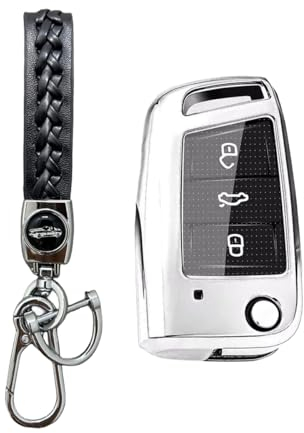 MEDZUK Schlüsselhülle Kompatibel mit VW T-Cross 2018-2024 2025 Autoschlüssel Hülle Schutz, Schlüsselgehäuse Zubehör mit Schlüsselanhänger (Silber)