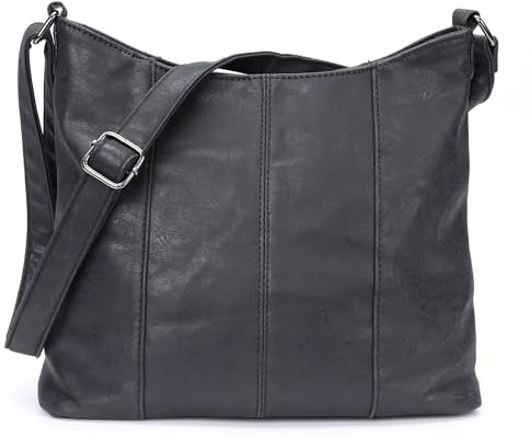 irisaa Handtasche Damen Hobo Schultertasche, Medium Umhängetasche praktische Henkeltasche mit vielen Fächern, Vintage Look mit Reißverschluss, DKB Farbe:Schwarz
