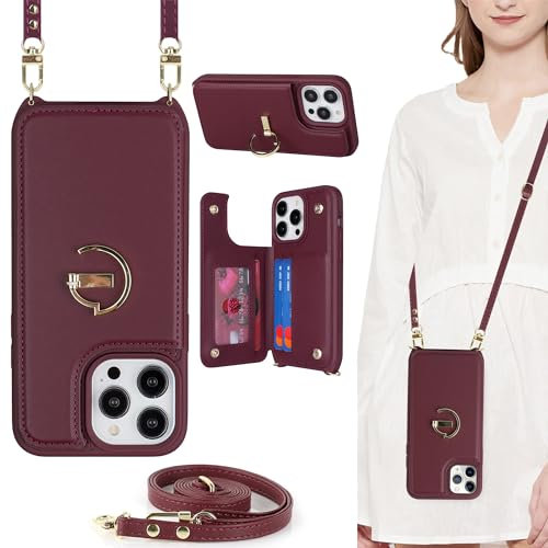 ELTEKER for iPhone 15 Pro Max Phone Case with Card Holder and Strap,PU Leather Wallet Case Flip Cover with Crossbody Lanyard Strap for iPhone 15 Pro Max (6.7 Inch)-Wine Red