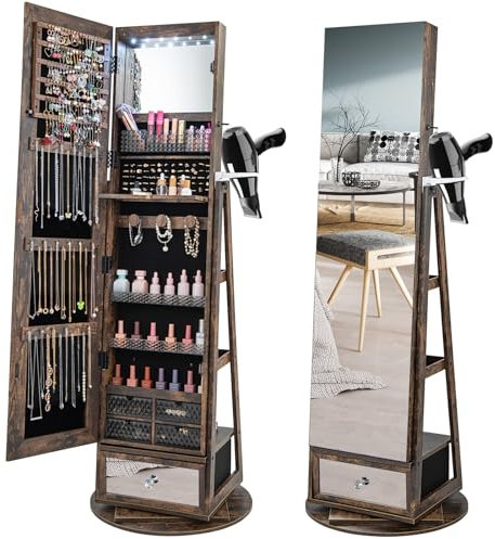 COSTWAY 360° Swivel Jewellery Cabinet, LED Lights Lockable Jewelry Armoire with Full Length Mirror, Large Storage, Hairdryer Mount & Rear Shelves, Freestanding Jewellery Organiser Unit (Rustic Brown)
