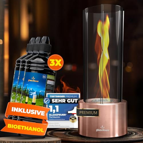 Glanzfeuer Bioethanol Tischkamin Outdoor & Indoor inkl. Bioethanol - Extra Lange Brenndauer mit Wirbelflamme - Tischfeuer Deko - Tisch Kamin Feuer Feuersäule - Garten & Deko Geschenk