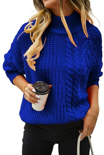 HEYPORK Damen Herbst Winter Warm Bequem Pullover Casual Mode Strickjacke Strickpullover Frauen Pullover Twist Knit Loose Half High Neck Pullover(Blau, M)