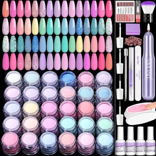 SAVILAND Dip Powder Nail Kit with Drill: 30 Colors Keratin Dipping Powder with 4Pcs Dip Liquid Set Base & Top Activator Brush Saver for French Nail Art Manicure Salon