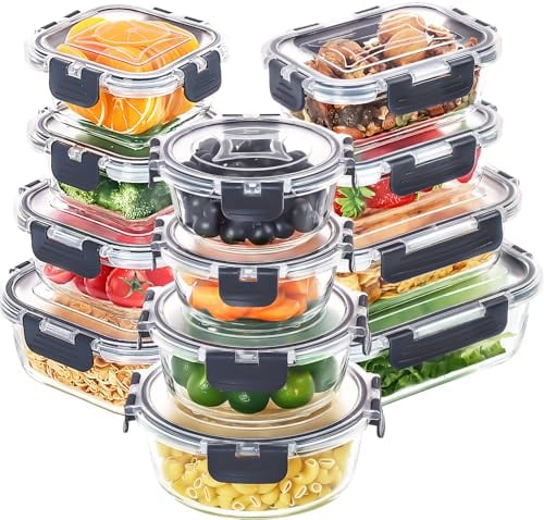 Skroam 24-Teiliges Glasbehälter-Set Mit Deckel - Frischhaltedosen für Lebensmittel, Meal Prep Boxen, Mikrowellengeeignet, BPA-Frei (12 Behälter & 12 Deckel)