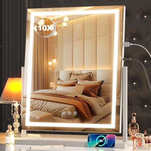 Hasipu Kosmetikspiegel mit Beleuchtung, 43 x 55cm LED-Schminkspiegel, Beleuchteter Spiegel mit Smart Touch, 3 Farbmodi und Helligkeitseinstellung, 10-fache Vergrößerung, 360°-Drehung