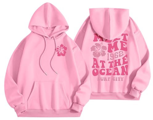Sweatshirts for Teen Girls Fleece Hoodie for Women Sale Long Sleeve Letter Print Preppy Casual Graphic Hoodies Drawstring Pullover Cute Oversized Hoodie Fashion Pullover Tops Sportwear 2024 Pink
