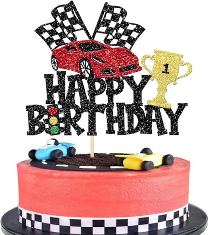 1 Stück Renn Auto Cake Topper Happy Birthday Rennwagen Karierter Flagge Tortendeko Jungen Mädchen Geburtstag Racing Sports Kuchen Deko Baby Dusche Geburtstag Party Kuchen Dekorationen Schwarz Rot