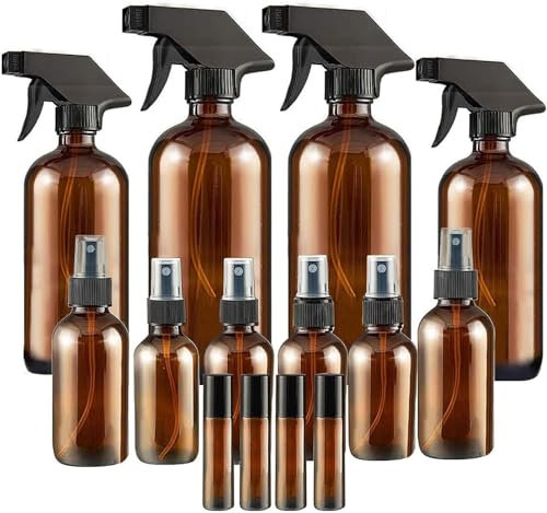 Afoxon Glass Spray Bottles-14 Pack Amber Glass Bottle Set,Empty Refillable Essential Oil Bottle with Adjustable Nozzle,Multi Size (16oz,8oz,4oz,2oz,1oz) x 2, 10 ml Roller Bottle x 4 with Labels (14)