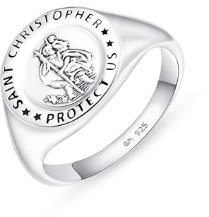 Amberta Christlicher Ring Herren Sterling Silber 925 | Kleiner Finger Ring Herren | Siegelring Für Herren Silber | Herren Ring Religiös:Ring Herren Christophorus Ringgröße 67