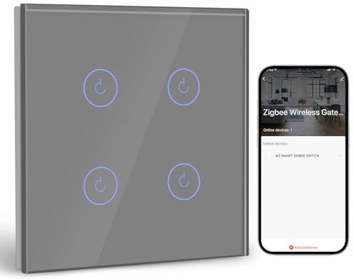 BSEED Smart ZigBee Interruptor 4 Gang 1 Vía, Interruptor de Pared Inteligente con Alexa y Google Home, Interruptor Táctil (Cable Neutro, Hub Gateway necesario) Gris